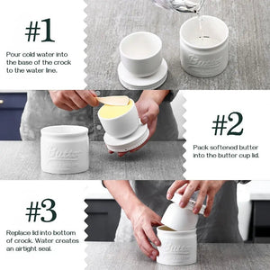 Instructions for using a butter container with a crock, showing steps to pack butter and create an airtight seal.