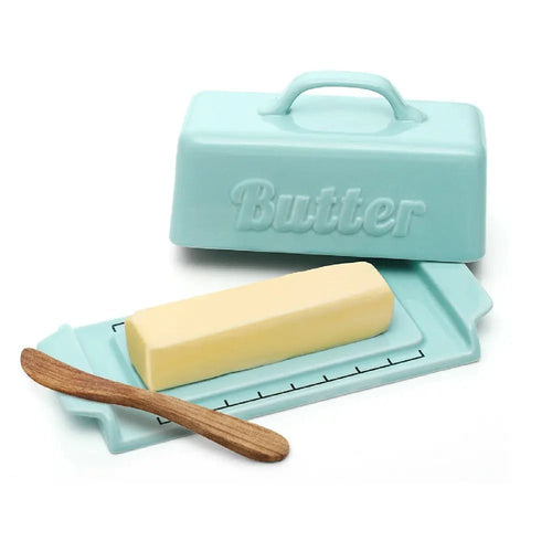 butter dish blue, butter dish with knife holder, butter dish with lid and knife