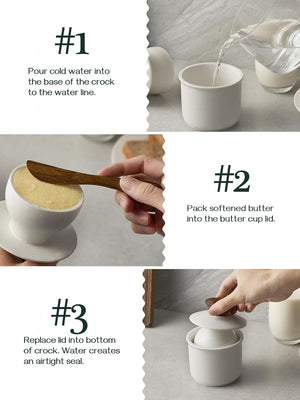 Step-by-step guide on using a butter container with text instructions.