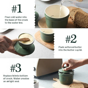 Instructions for using a ceramic butter crock with images of the process.