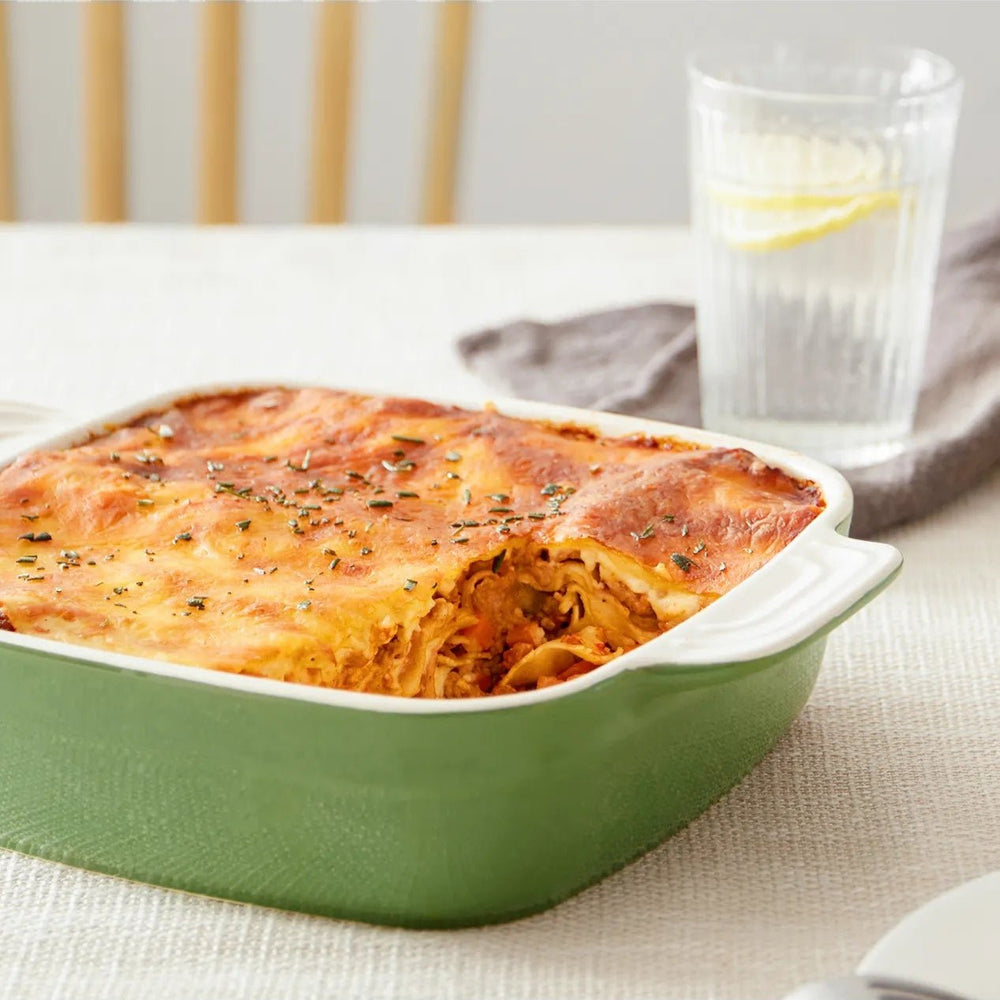 square baking dish; square baking dish with lid; square ceramic baking dish; green baking dish