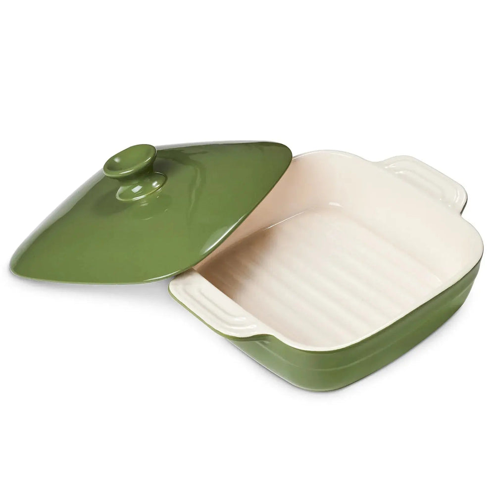 square baking dish; square baking dish with lid; square ceramic baking dish; green baking dish